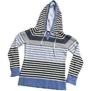 Twik by Simons Womens Medium Striped Pullover Hoodie Sweatshirt Blue Black White